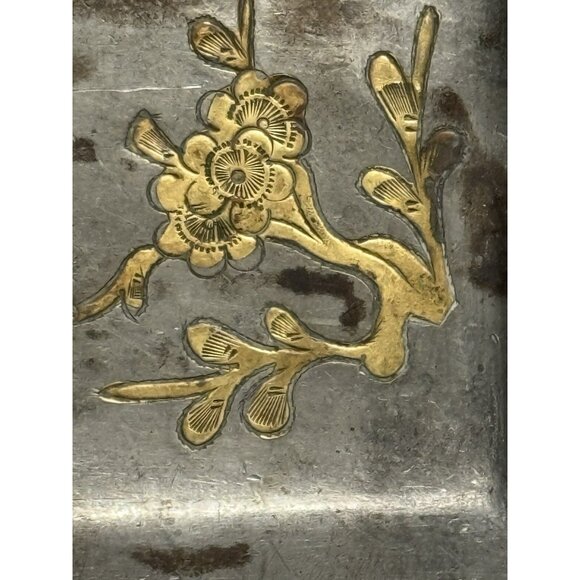 Vintage Metal Trinket Tray Hand Etched Bird Cherry Blossom Design 4 Inc By 3 In - Picture 5 of 8